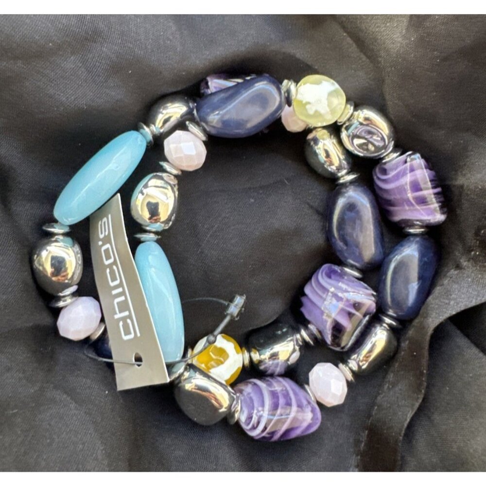 Chico's 2 PC Turquoise Blue Purple Silvertone Stretch Stackable Bracelet - NWT